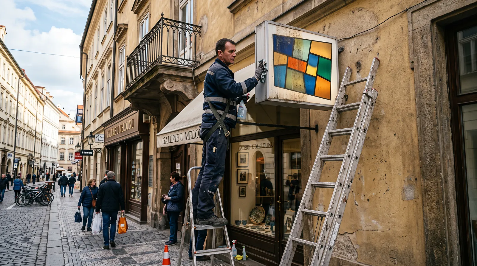 Čištění světelné reklamy na fasádě z žebříku