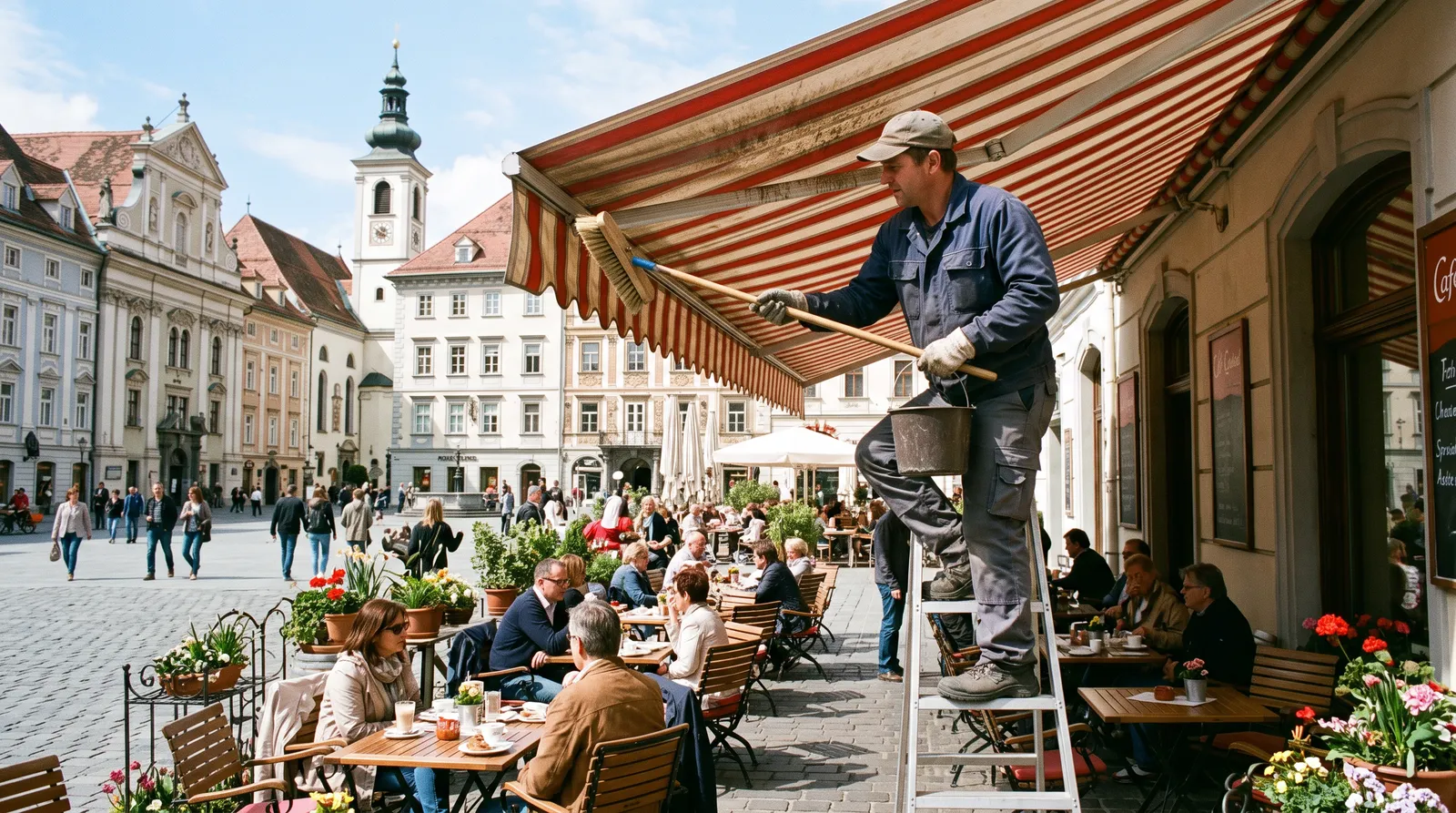 Čištění látkové markýzy nad kavárnou kartáčem